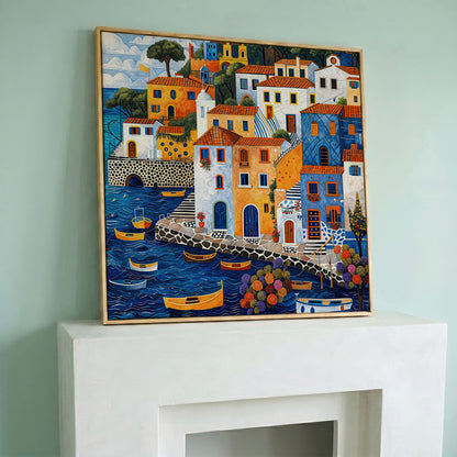 Colorful Mediterranean Village with Fishing Boats Canvas in white oak floating frame