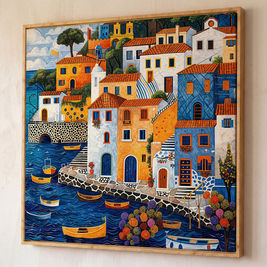 Colorful Mediterranean Village with Fishing Boats Canvas shown in white oak floating frame