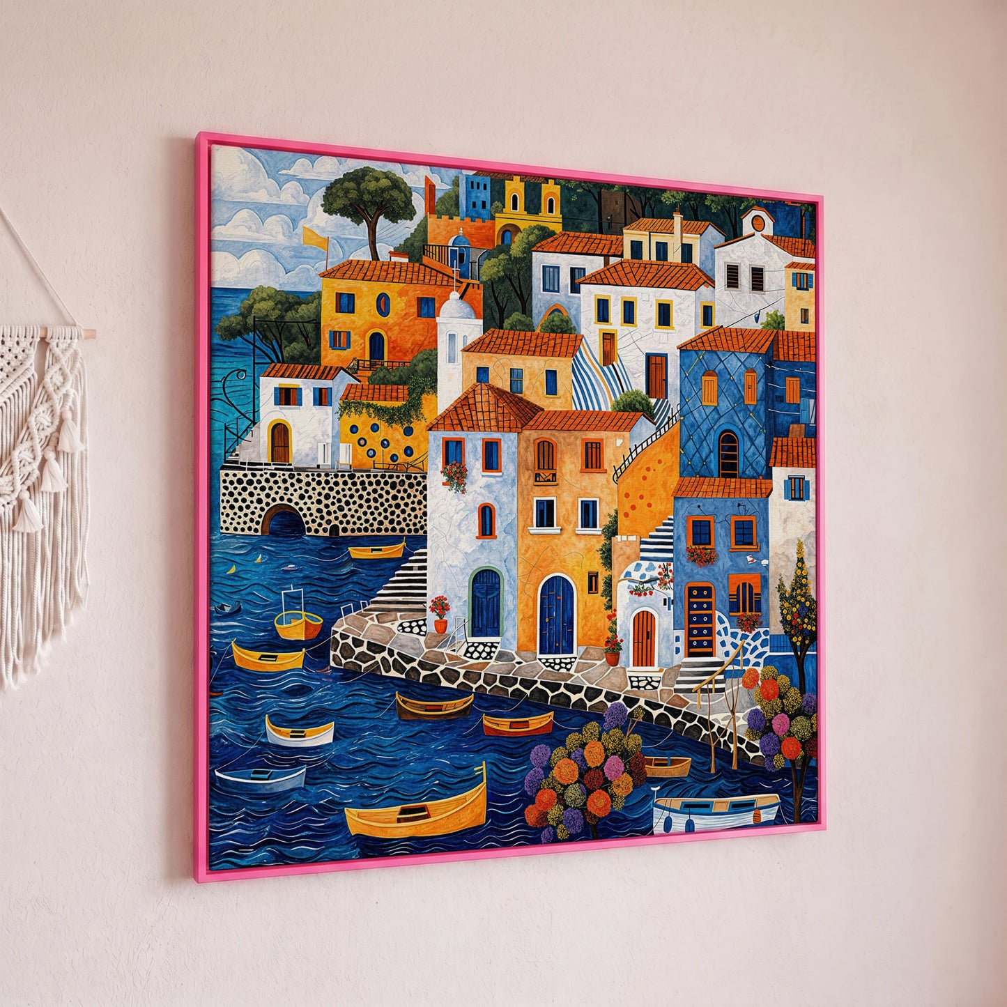 Colorful Mediterranean Village with Fishing Boats Canvas in pink floating frame
