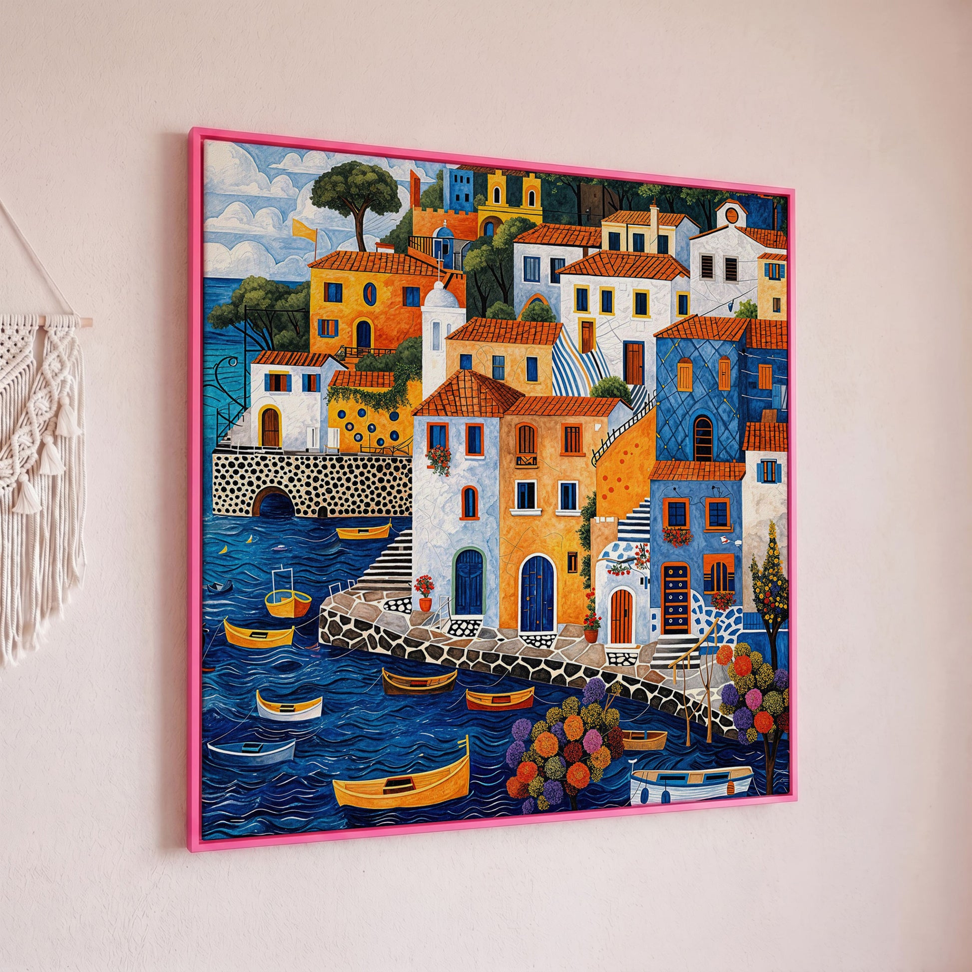 Colorful Mediterranean Village with Fishing Boats Canvas in pink floating frame