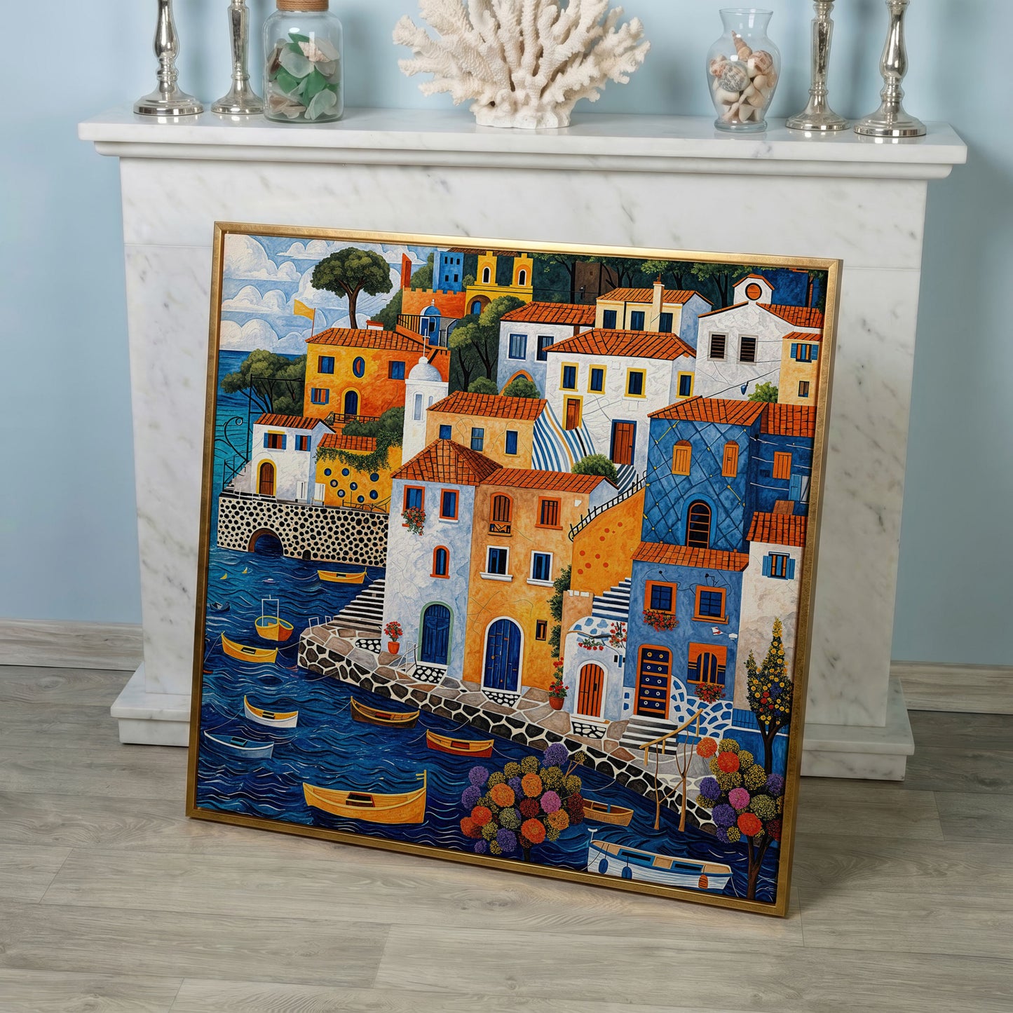 Colorful Mediterranean Village with Fishing Boats Canvas in rose gold floating frame