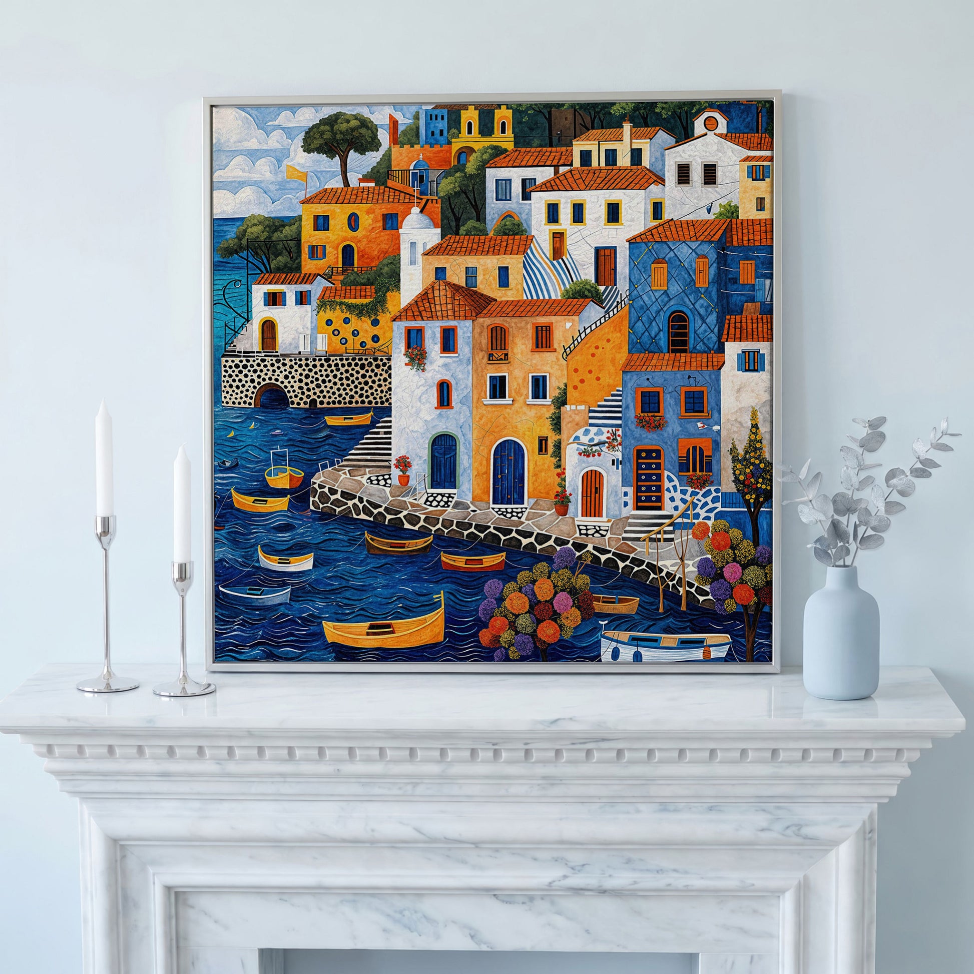 Colorful Mediterranean Village with Fishing Boats Canvas in silver floating frame