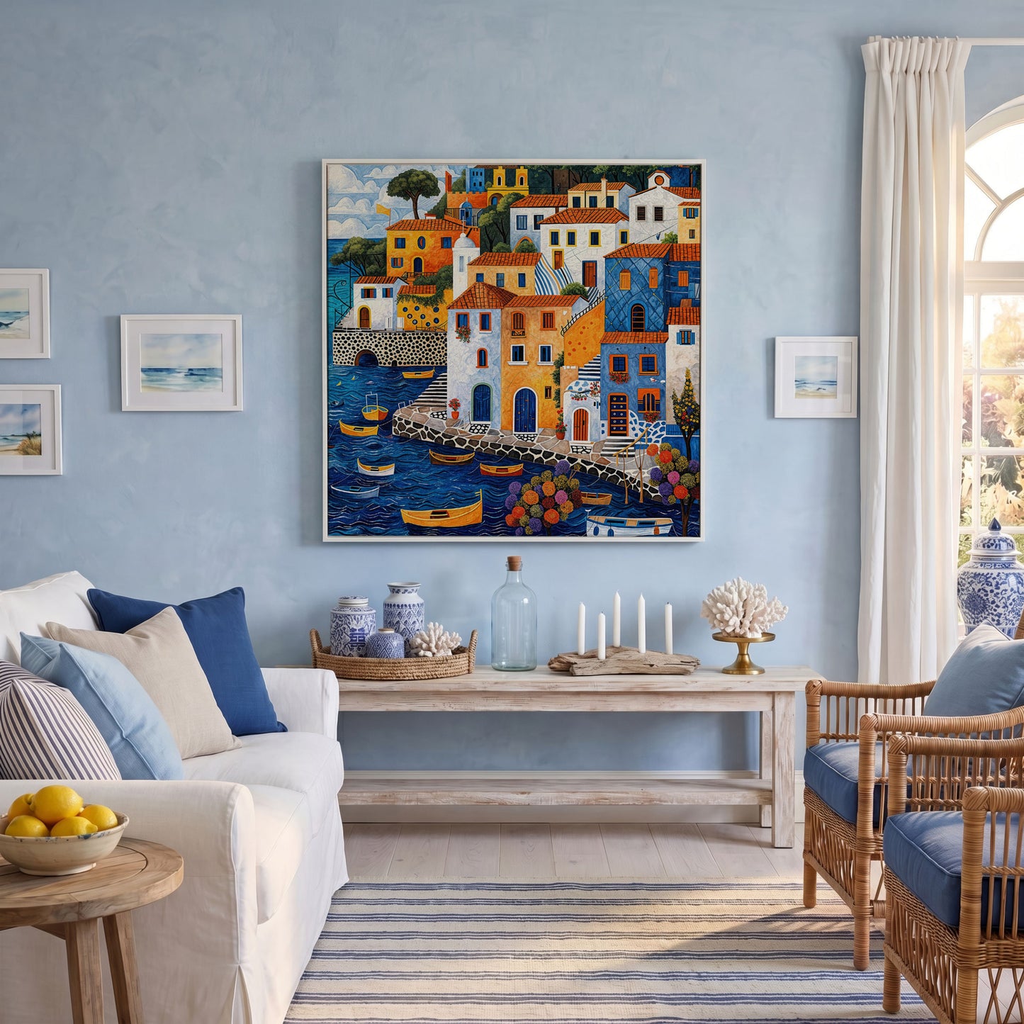 Colorful Mediterranean Village with Fishing Boats Canvas in white floating frame
