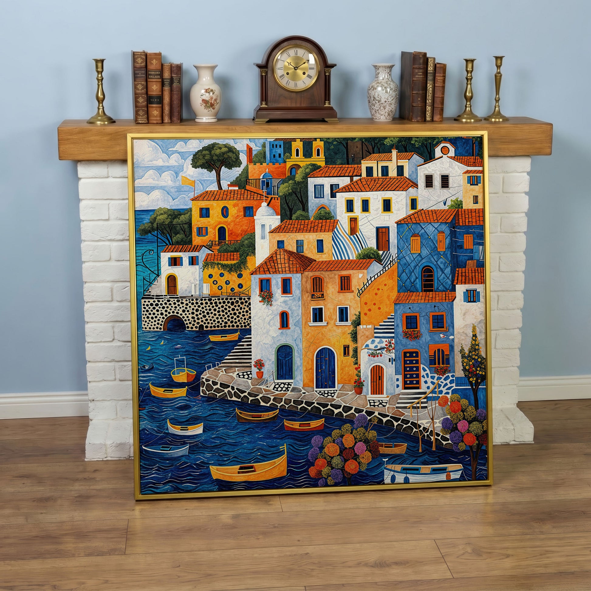 Colorful Mediterranean Village with Fishing Boats Canvas in yellow gold floating frame