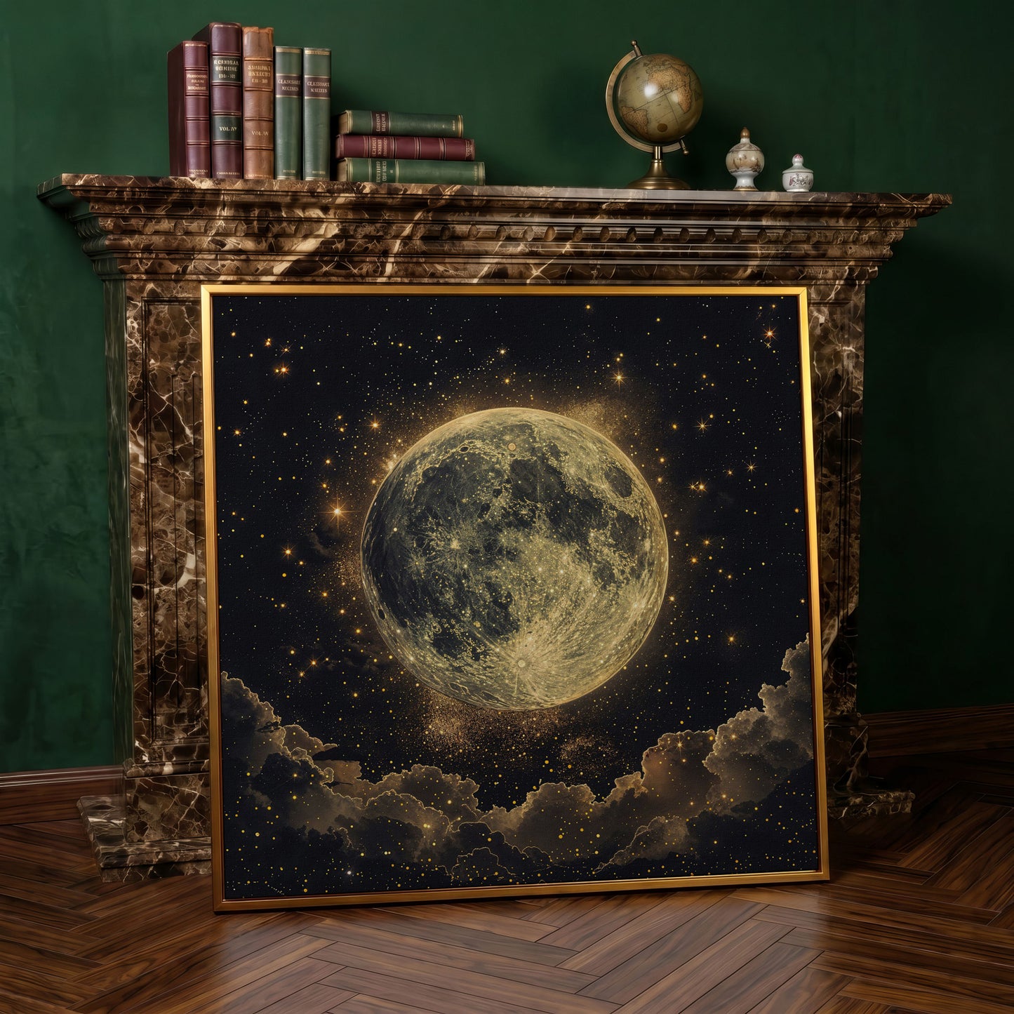 Full Moon and Stars Canvas Print in antique gold floating frame