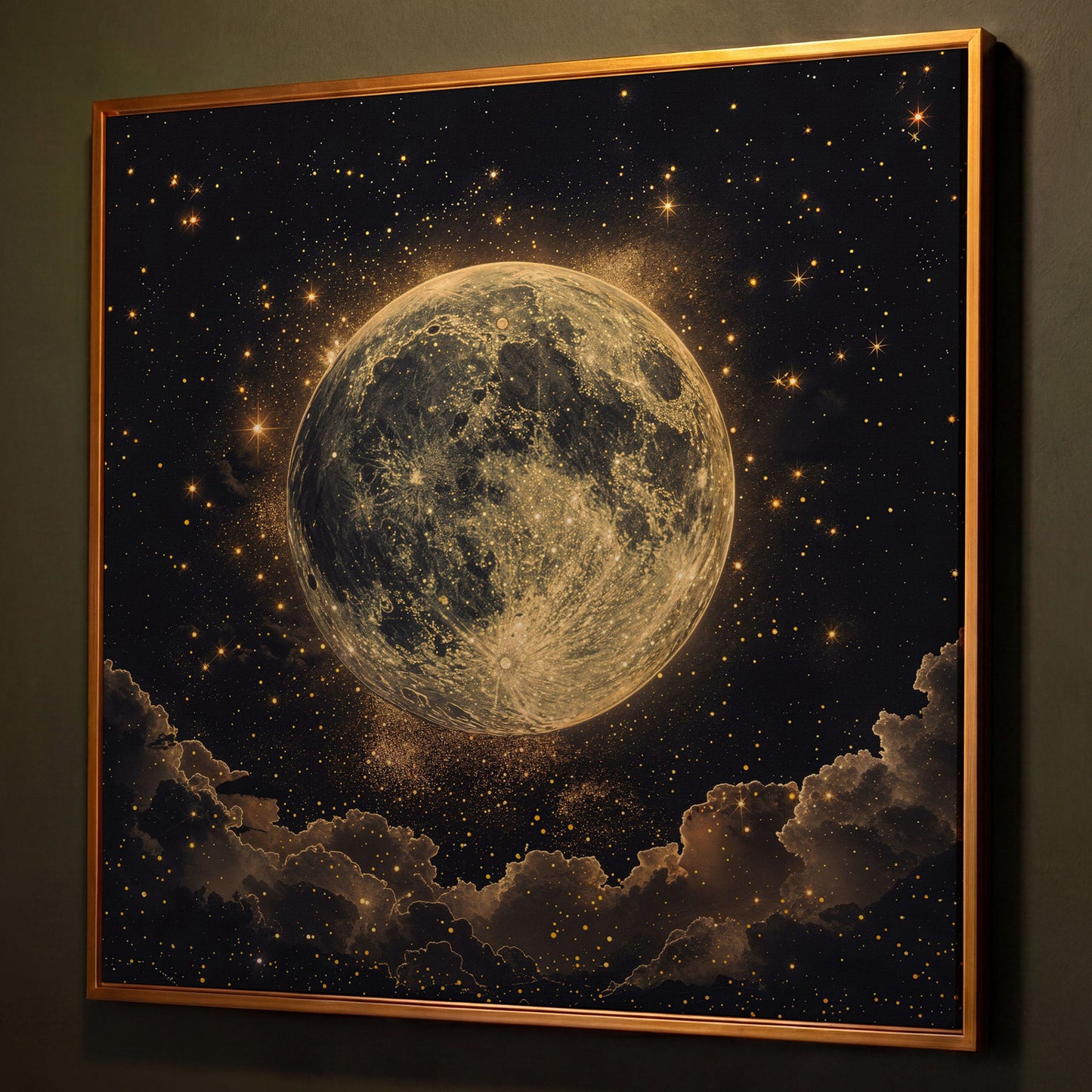 Full Moon and Stars Canvas Print shown in antique gold floating frame