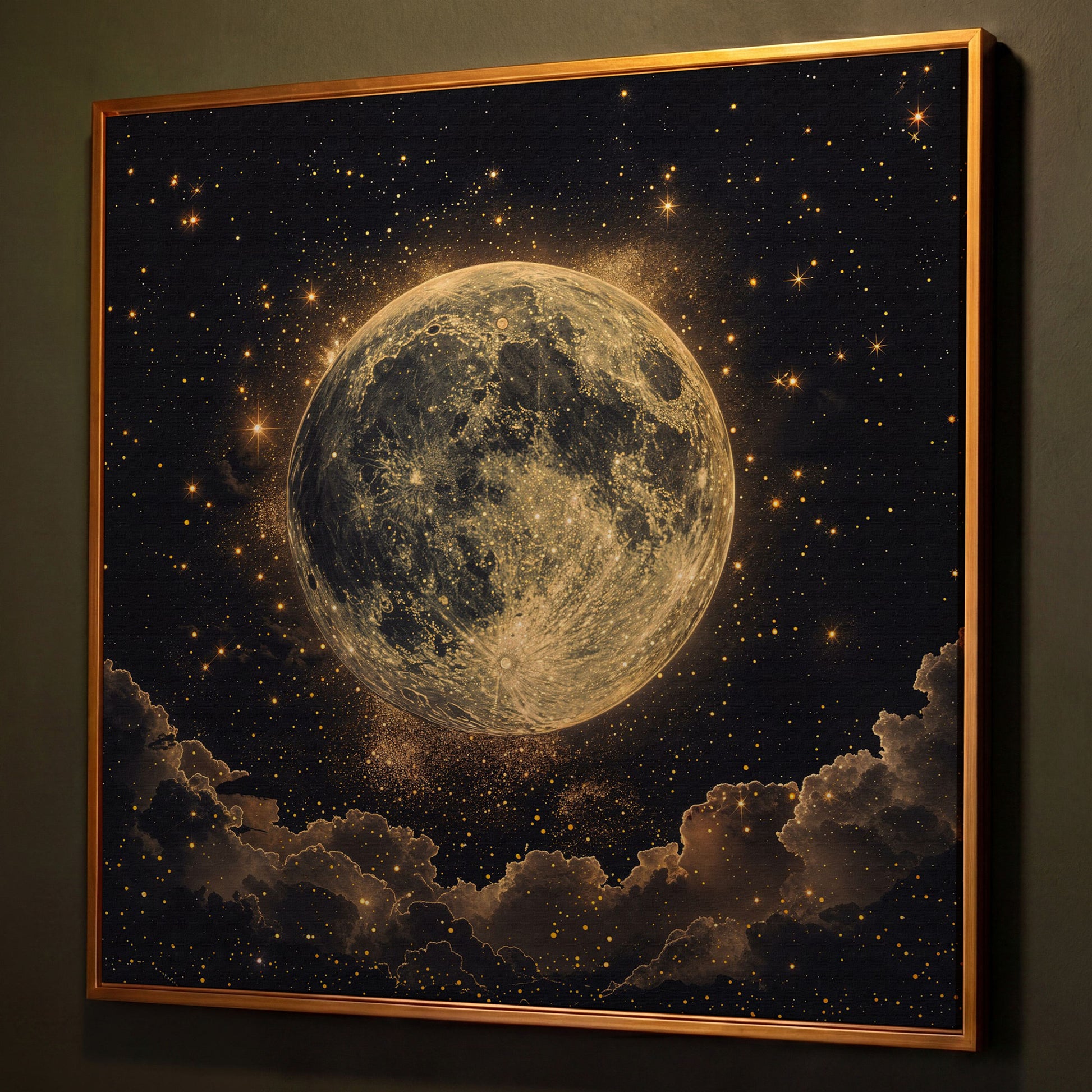 Full Moon and Stars Canvas Print shown in antique gold floating frame