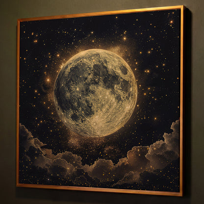 Full Moon and Stars Canvas Print shown in antique gold floating frame