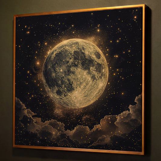 Full Moon and Stars Canvas Print shown in antique gold floating frame