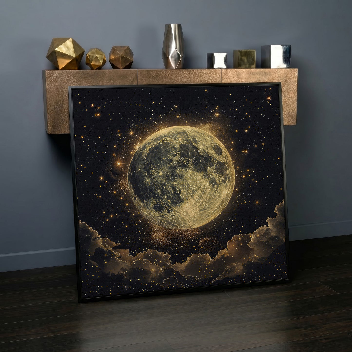 Full Moon and Stars Canvas Print in black floating frame