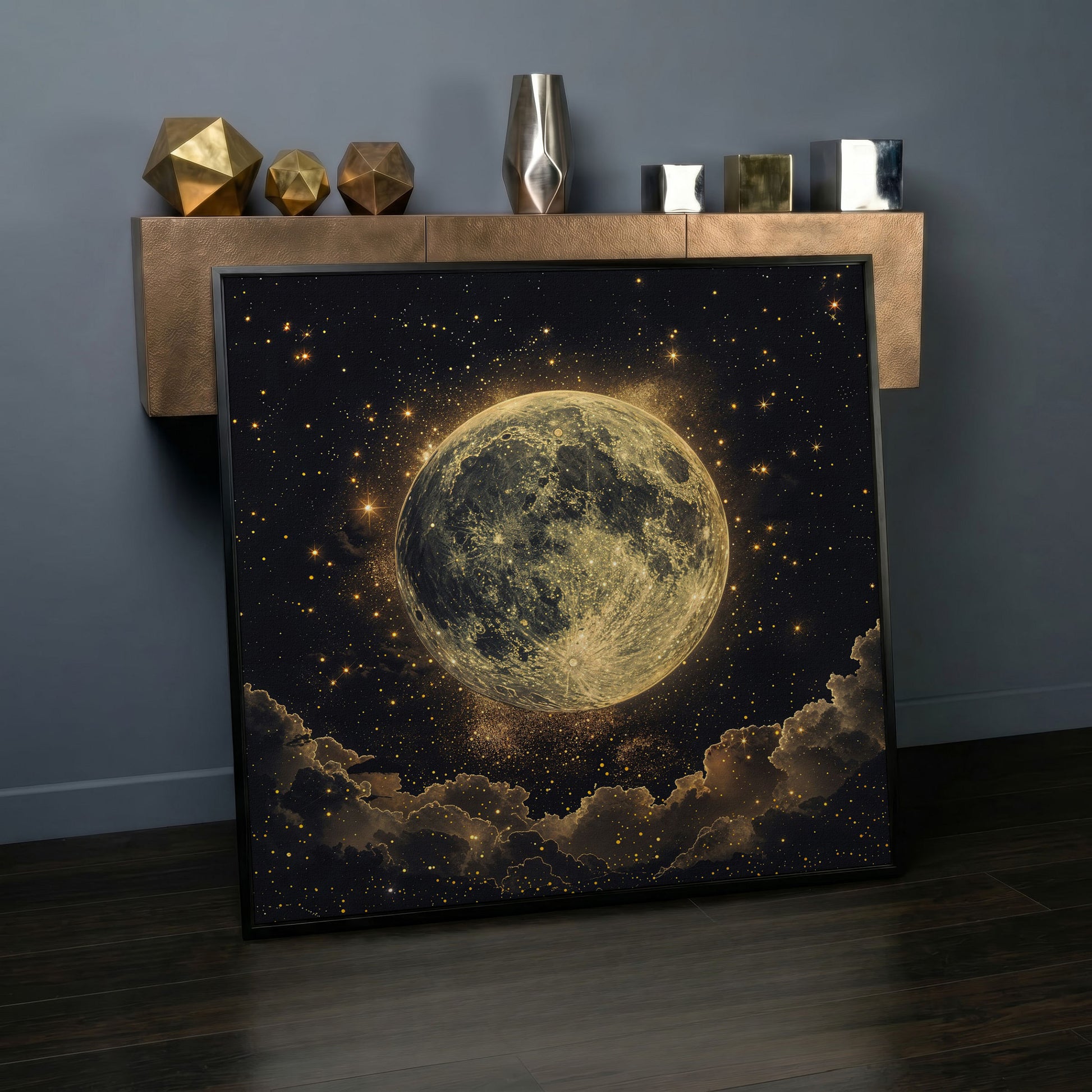 Full Moon and Stars Canvas Print in black floating frame