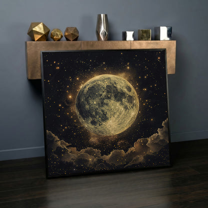 Full Moon and Stars Canvas Print in black floating frame