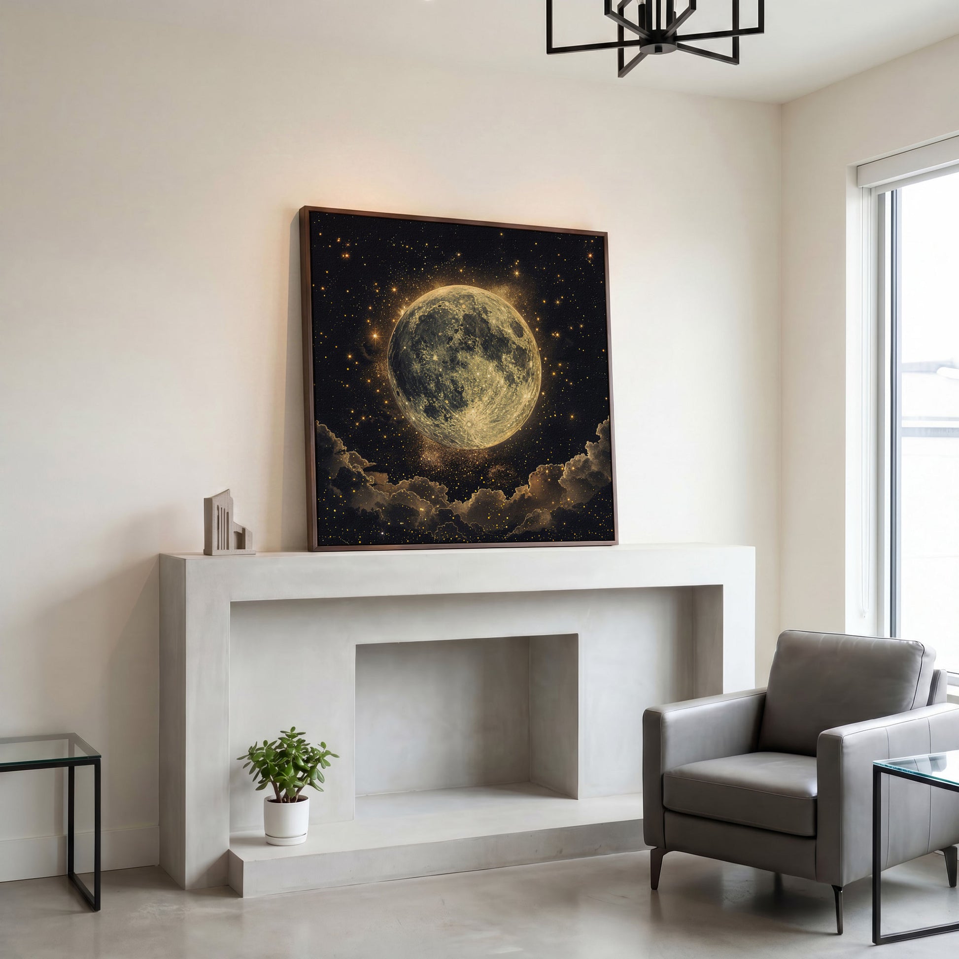 Full Moon and Stars Canvas Print in dark walnut floating frame