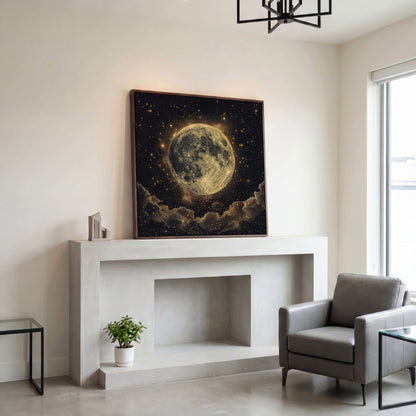 Full Moon and Stars Canvas Print in dark walnut floating frame