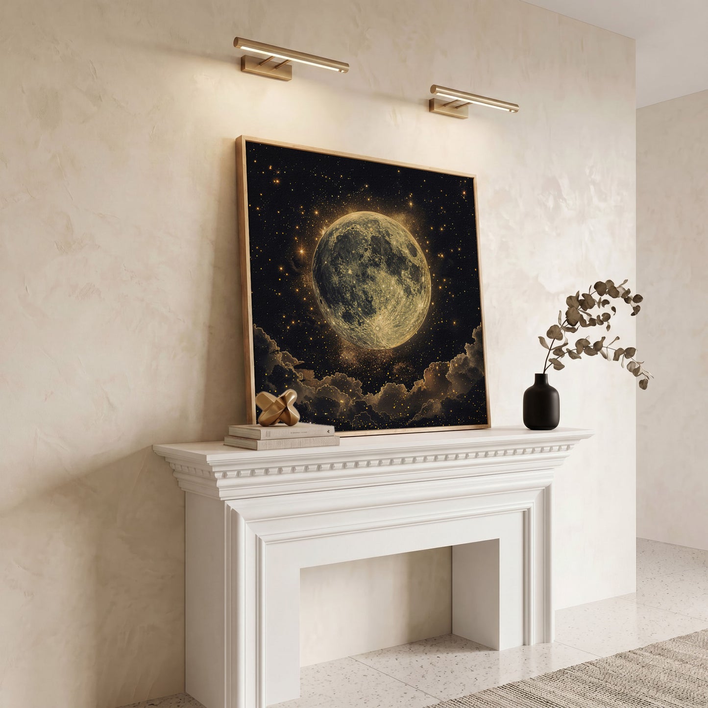 Full Moon and Stars Canvas Print in white oak floating frame