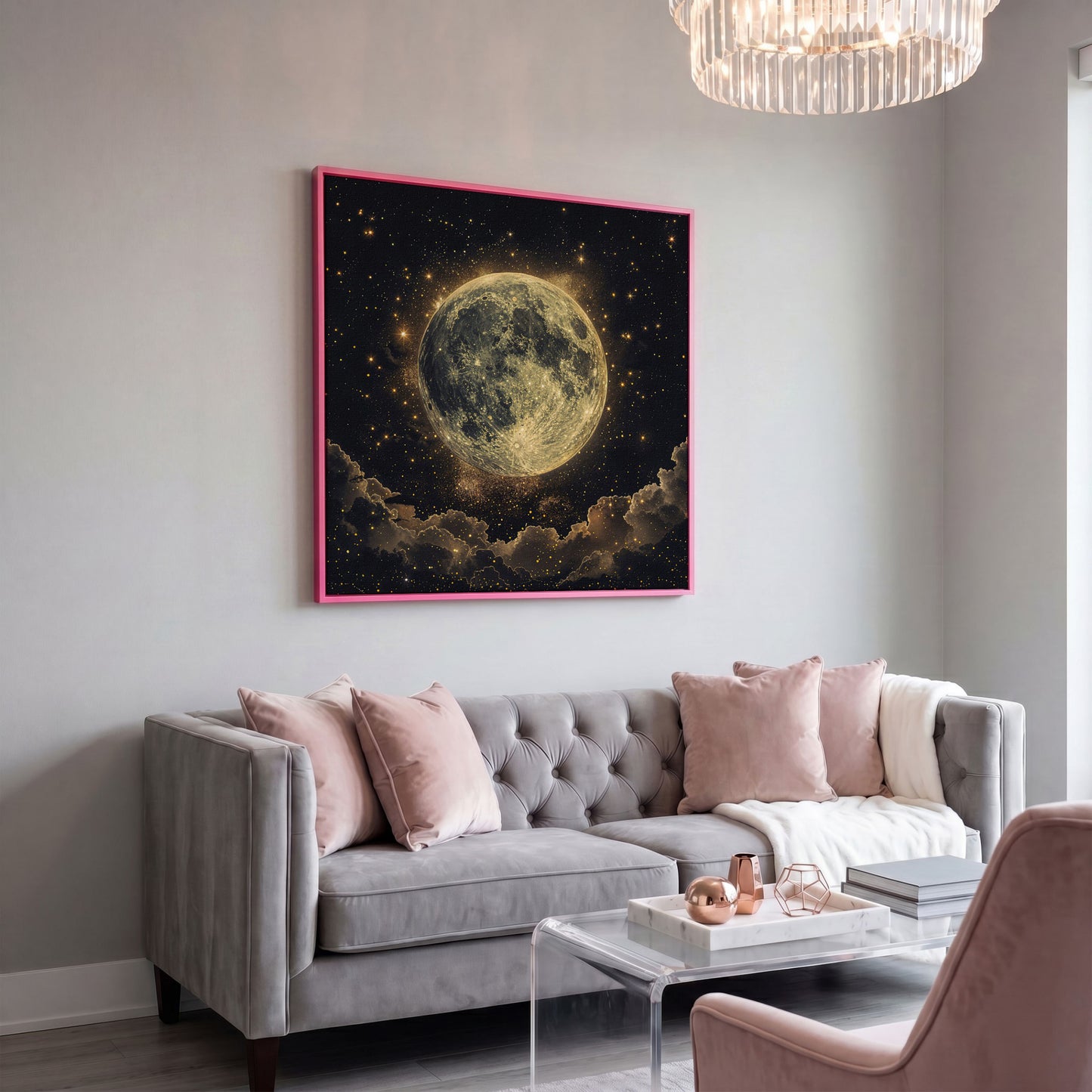 Full Moon and Stars Canvas Print in pink floating frame
