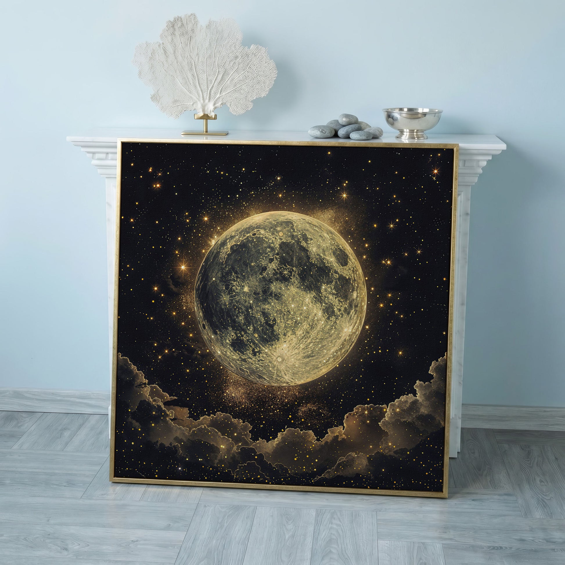 Full Moon and Stars Canvas Print in rose gold floating frame
