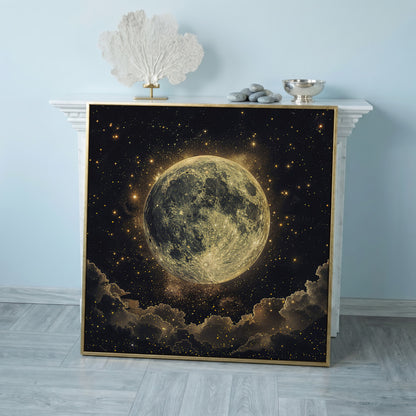 Full Moon and Stars Canvas Print in rose gold floating frame
