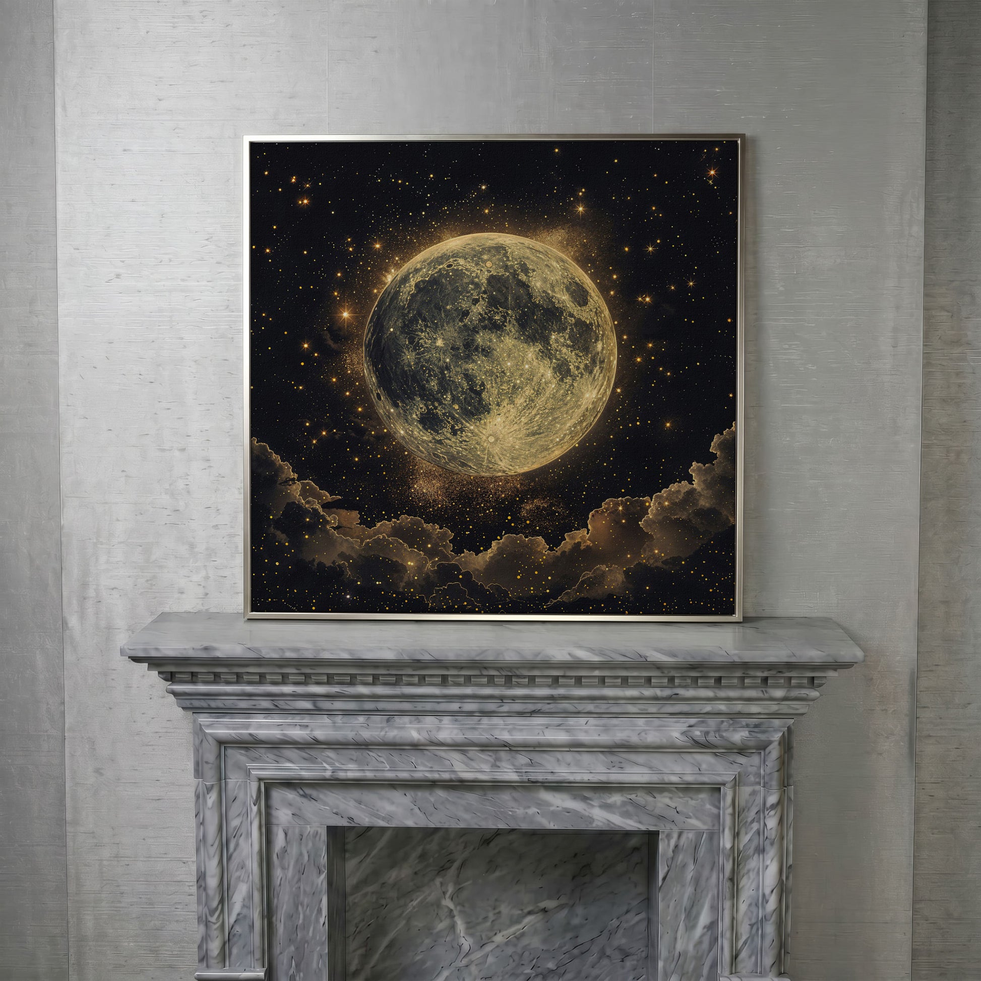 Full Moon and Stars Canvas Print in silver floating frame