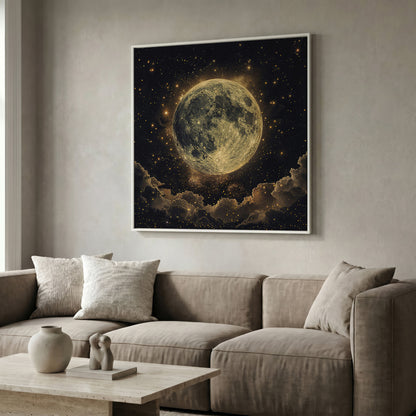 Full Moon and Stars Canvas Print in white floating frame