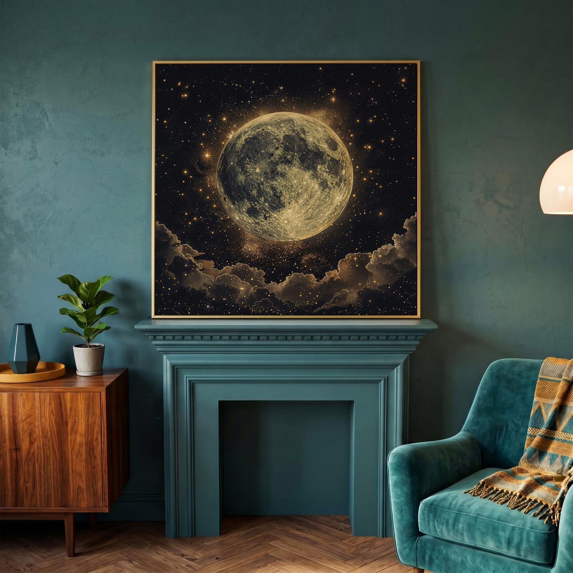 Full Moon and Stars Canvas Print in yellow gold floating frame
