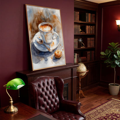 Cappuccino and Pastry Still Life Canvas Art for Kitchen or Café Walls in antique gold floating frame