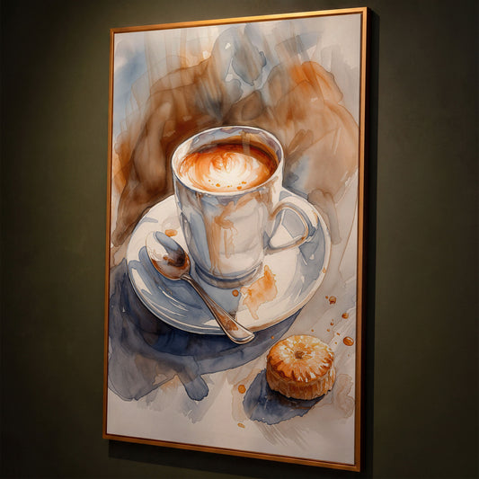 Cappuccino and Pastry Still Life Canvas Art for Kitchen or Café Walls shown in antique gold floating frame