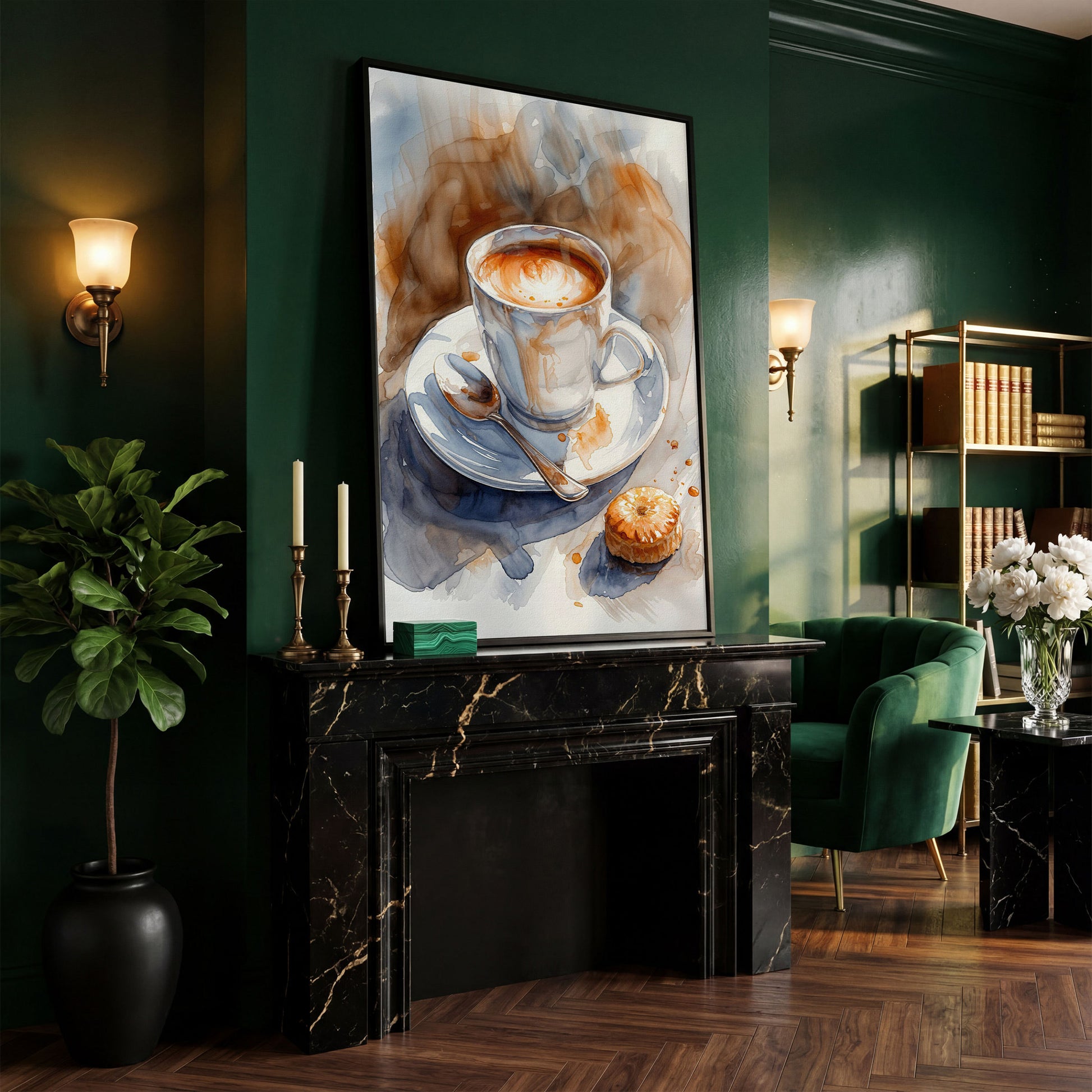 Cappuccino and Pastry Still Life Canvas Art for Kitchen or Café Walls in black floating frame