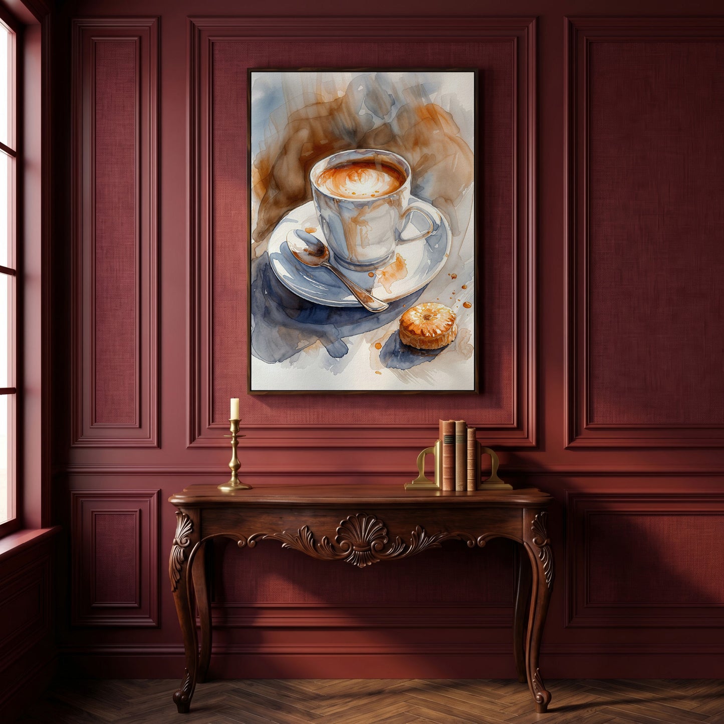 Cappuccino and Pastry Still Life Canvas Art for Kitchen or Café Walls in dark walnut floating frame