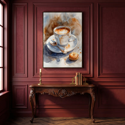 Cappuccino and Pastry Still Life Canvas Art for Kitchen or Café Walls in dark walnut floating frame
