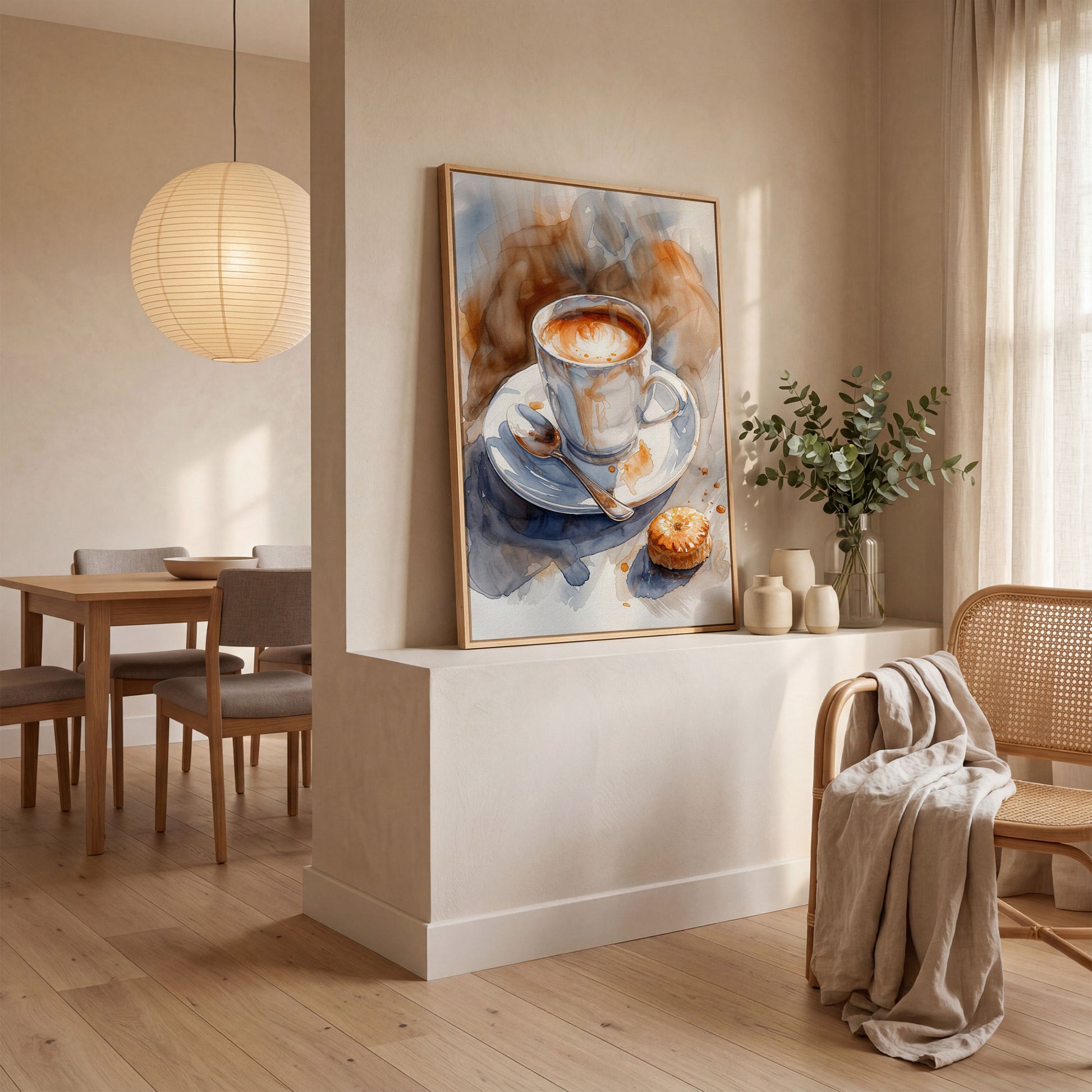 Cappuccino and Pastry Still Life Canvas Art for Kitchen or Café Walls in white oak floating frame