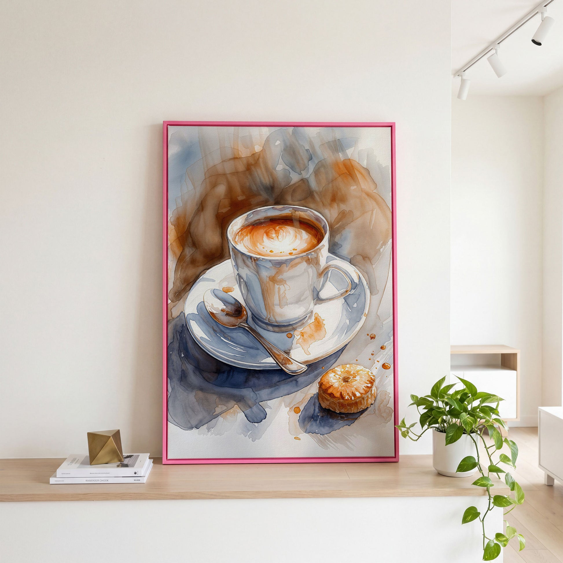Cappuccino and Pastry Still Life Canvas Art for Kitchen or Café Walls in pink floating frame