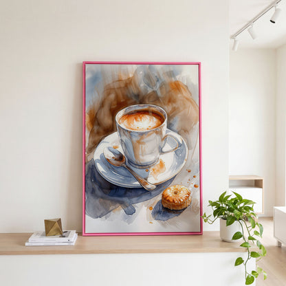Cappuccino and Pastry Still Life Canvas Art for Kitchen or Café Walls in pink floating frame