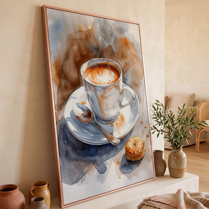 Cappuccino and Pastry Still Life Canvas Art for Kitchen or Café Walls in rose gold floating frame