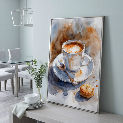 Cappuccino and Pastry Still Life Canvas Art for Kitchen or Café Walls in silver floating frame