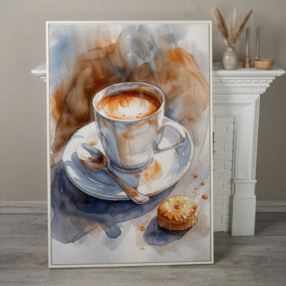 Cappuccino and Pastry Still Life Canvas Art for Kitchen or Café Walls in white floating frame