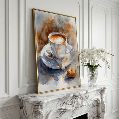 Cappuccino and Pastry Still Life Canvas Art for Kitchen or Café Walls in yellow gold floating frame