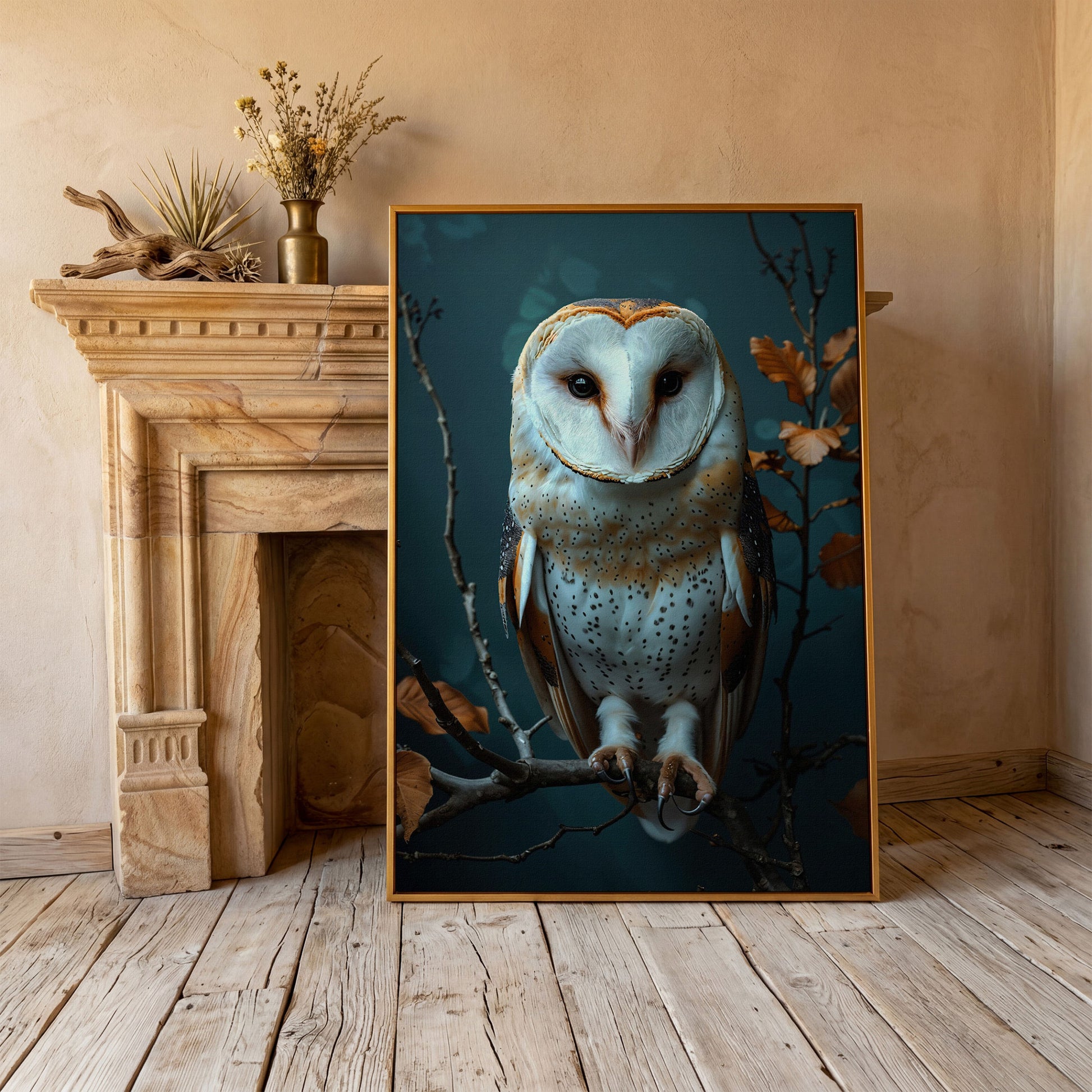 Barn Owl Portrait Canvas Wall Art, Perched on a Branch in antique gold floating frame