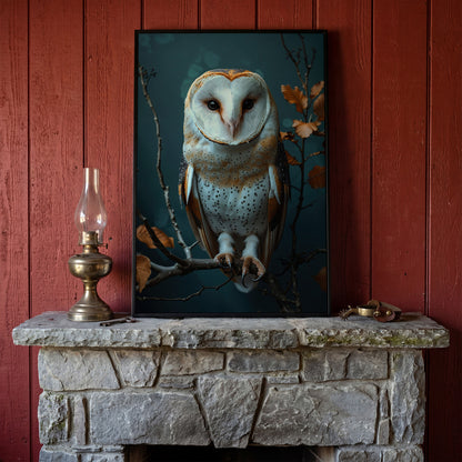 Barn Owl Portrait Canvas Wall Art, Perched on a Branch in black floating frame