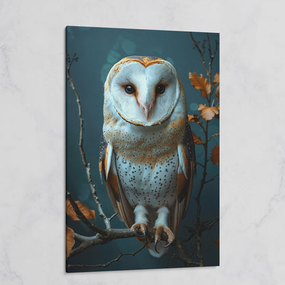 Barn Owl Portrait Canvas Wall Art, Perched on a Branch on gallery wrap