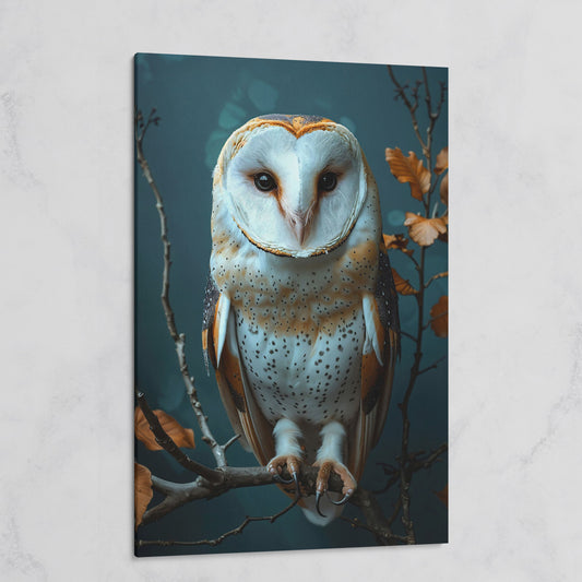 Barn Owl Portrait Canvas Wall Art, Perched on a Branch on gallery wrap