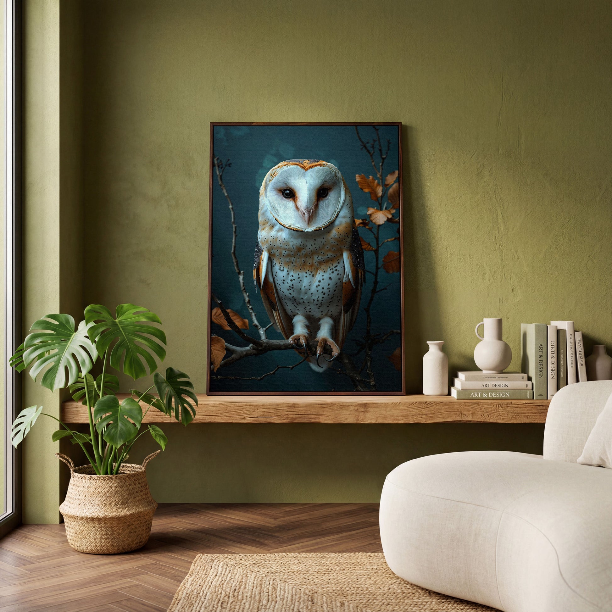 Barn Owl Portrait Canvas Wall Art, Perched on a Branch in dark walnut floating frame