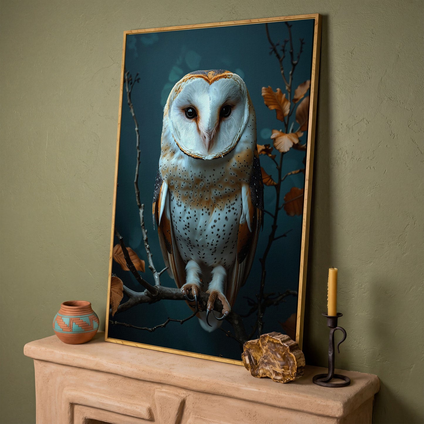 Barn Owl Portrait Canvas Wall Art, Perched on a Branch in white oak floating frame