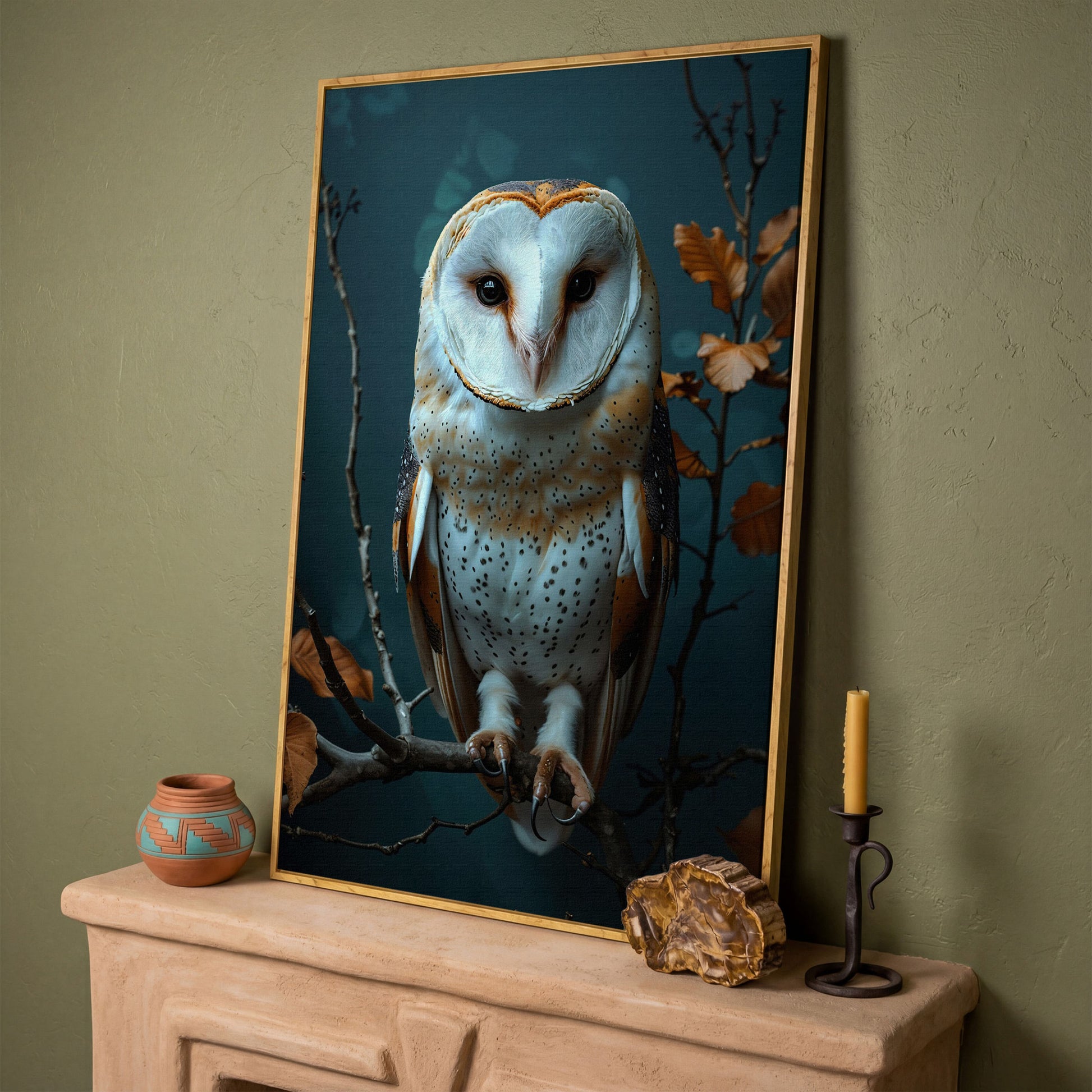 Barn Owl Portrait Canvas Wall Art, Perched on a Branch in white oak floating frame