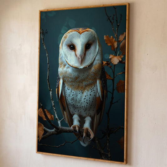 Barn Owl Portrait Canvas Wall Art, Perched on a Branch shown in white oak floating frame