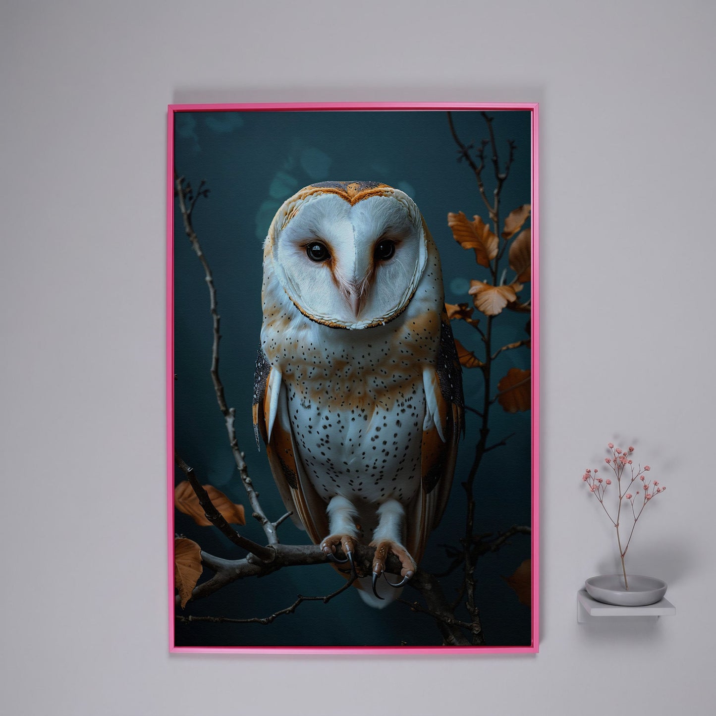 Barn Owl Portrait Canvas Wall Art, Perched on a Branch in pink floating frame