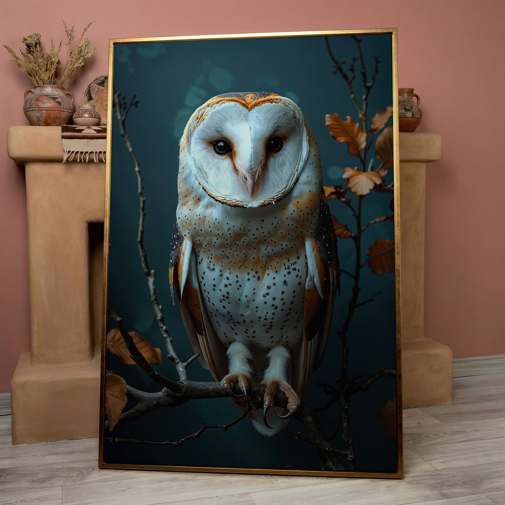 Barn Owl Portrait Canvas Wall Art, Perched on a Branch in rose gold floating frame