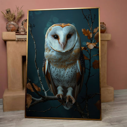 Barn Owl Portrait Canvas Wall Art, Perched on a Branch in rose gold floating frame