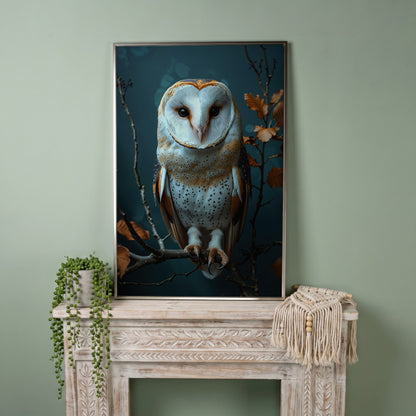 Barn Owl Portrait Canvas Wall Art, Perched on a Branch in silver floating frame