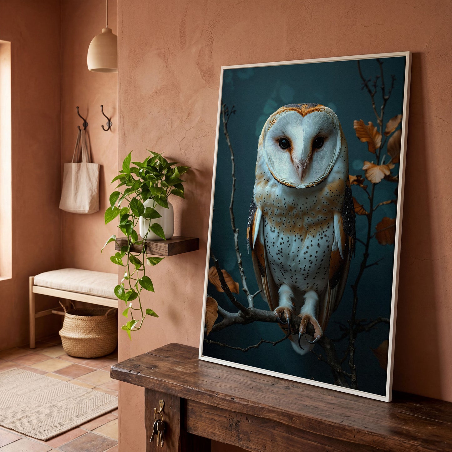 Barn Owl Portrait Canvas Wall Art, Perched on a Branch in white floating frame